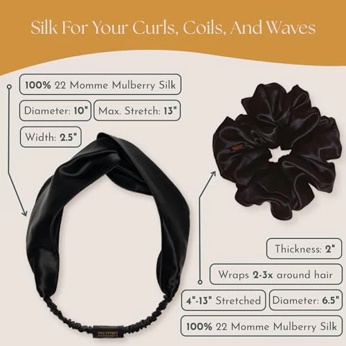 Real Mulberry Silk Scrunchie & Headband Bundle | Extra Large Silk Scrunchie & Elastic Silky Head Band for Thick, Curly Hair | (Onyx Black) - Image 3