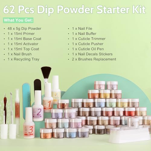 Lavender Violets 62 Pcs Dip Powder Nail Kit Starter, 48 Colors Nude Pink Brown Red Green Blue Purple Glitter with Dip Powder Liquid Set and Essential Manicure Tools for Nail Art Designs G902 - Image 6