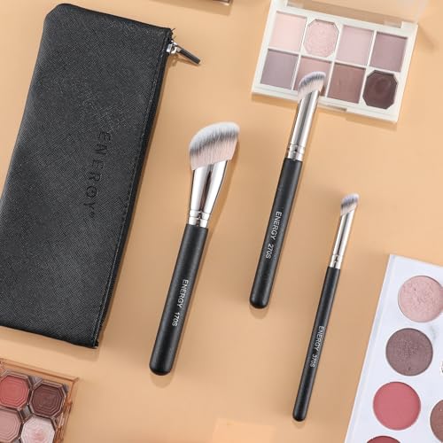 ENERGY Angled Makeup Brushes Set Vegan Powder Foundation Bronzer Nose Contour Concealer Makeup Brush for Liquid Cream Setting Powders Blending with Travel Bag - Image 8