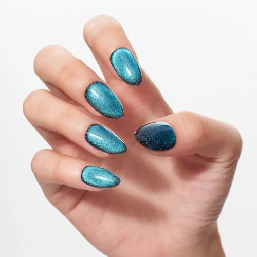 GLAMERMAID Press on Nails Short Almond, Handmade Lake Blue Cat Eyes Gel Glue on Nails, 24Pcs Glossy Short Stiletto Reusable UV Finish Fake Nails Acrylic False Nails Manicure Kits for Women - Image 4