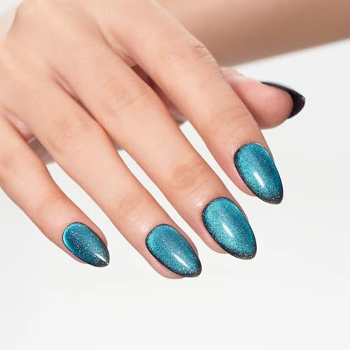 GLAMERMAID Press on Nails Short Almond, Handmade Lake Blue Cat Eyes Gel Glue on Nails, 24Pcs Glossy Short Stiletto Reusable UV Finish Fake Nails Acrylic False Nails Manicure Kits for Women - Image 6