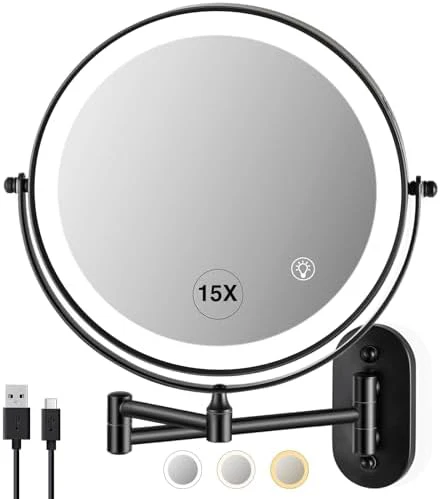 Magnifying Mirror with Lights 1x/15x Rechargeable: 8.5 inch Wall Mounted Lighted Makeup Mirror for Bathroom