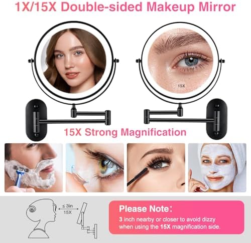 Magnifying Mirror with Lights 1x/15x Rechargeable: 8.5 inch Wall Mounted Lighted Makeup Mirror for Bathroom - Image 3