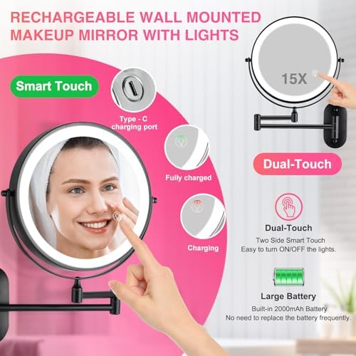 Magnifying Mirror with Lights 1x/15x Rechargeable: 8.5 inch Wall Mounted Lighted Makeup Mirror for Bathroom - Image 4