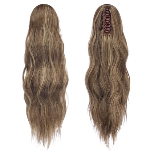 FESHFEN Ponytail Extensions, Long Claw Clip in Ponytail Hairpiece Synthetic Pony Tails Hair Piece Natural Wavy Hairpieces for Women, 20 inch Brown Mixed Honey Blonde - Image 2