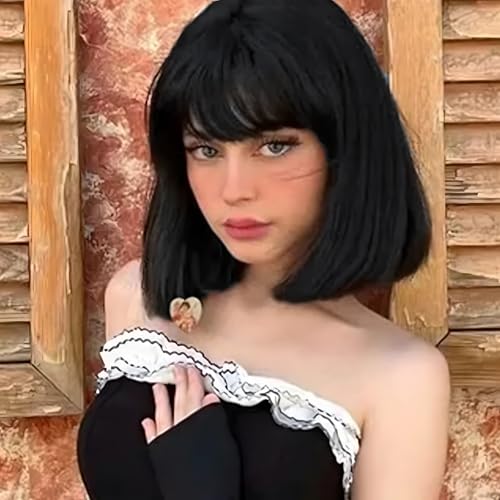 Black Bob Wig With Bangs Short Black Wig for Women 12 Inch Straight Bob wig with Bangs Synthetic Colorful Cosplay Daily Party Use(Nutural Black,12IN)