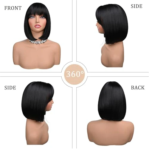 Black Bob Wig With Bangs Short Black Wig for Women 12 Inch Straight Bob wig with Bangs Synthetic Colorful Cosplay Daily Party Use(Nutural Black,12IN) - Image 3