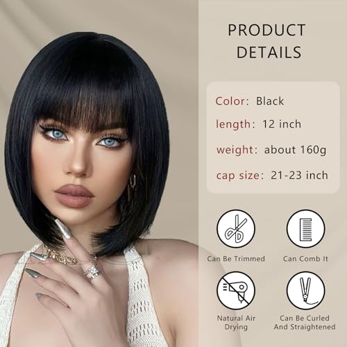 Black Bob Wig With Bangs Short Black Wig for Women 12 Inch Straight Bob wig with Bangs Synthetic Colorful Cosplay Daily Party Use(Nutural Black,12IN) - Image 4