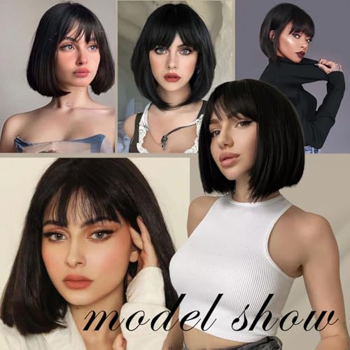 Black Bob Wig With Bangs Short Black Wig for Women 12 Inch Straight Bob wig with Bangs Synthetic Colorful Cosplay Daily Party Use(Nutural Black,12IN) - Image 6