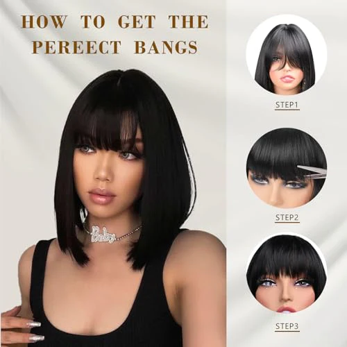 Black Bob Wig With Bangs Short Black Wig for Women 12 Inch Straight Bob wig with Bangs Synthetic Colorful Cosplay Daily Party Use(Nutural Black,12IN) - Image 7