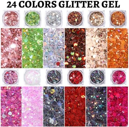 Teenitor 24 Colors Face Glitter Body Glitter Gel, Hair Glitter Gel, Glitter for Halloween Makeup, Face Makeup Glitter Gel for Face, Body, Hair - Image 3
