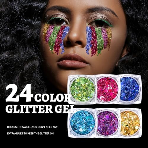 Teenitor 24 Colors Face Glitter Body Glitter Gel, Hair Glitter Gel, Glitter for Halloween Makeup, Face Makeup Glitter Gel for Face, Body, Hair - Image 6