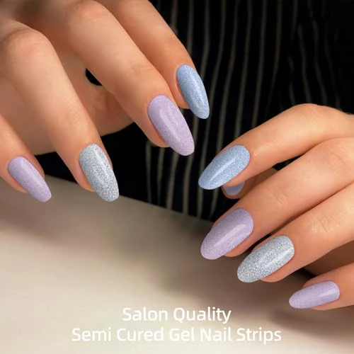 Semi Cured Gel Nail Strips - 28 pcs UV Gel Nail Stickers for Women, Work with Any UV Lamp, Long Lasting Gel Nail Wraps, Includes Prep Pads, Nail File & Wood Stick (Orchid Purple) - Image 4