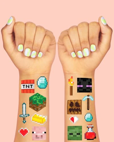 xo, Fetti Pixel Mining Video Game Temporary Tattoos - 74 Silver Foil Pcs | Birthday Accessory, Kids Pixel Birthday Party Favor, Cute Activity - Image 4