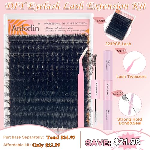 Fluffy Lash Clusters Kit 10-20mm Thick 200D Cluster Eyelash Extensions 224 Pcs D Curl Mega Volume Eyelash Clusters False Eyelashes with Lash Bond and Seal Lash Tweezers DIY at Home, by Anforlin - Image 2