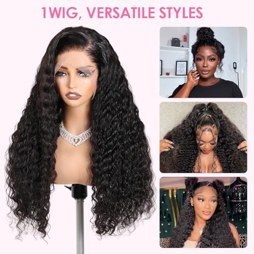 Hidden Strap 360 Glueless Lace Front Wigs Human Hair Pre Plucked Bleached Knots 180 Density Water Wave HD Lace Frontal Wig with Drawstring Curly Full LaceFront Wigs for Women(22 inch) - Image 2