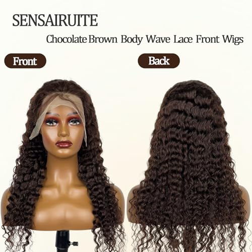 SENSAIRUITE Chocolate Brown Deep Wave Lace Front Wigs Human Hair 13x4#4 Curly Lace Front Wig Human Hair 180% Density HD Transparent Glueless Lace Frontal Wigs Pre Plucked with Baby Hair 26 Inch - Image 2