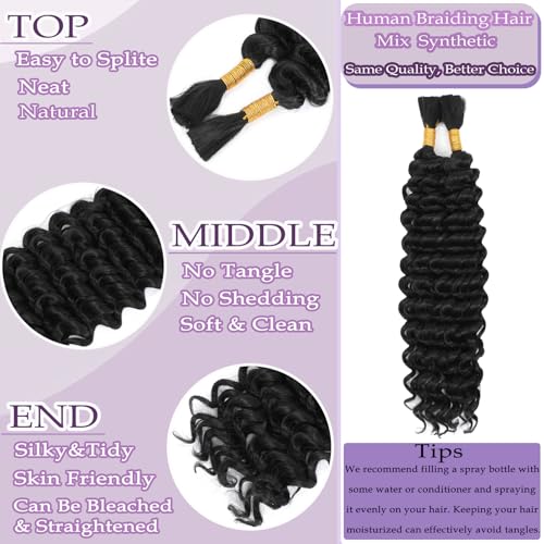 Human Braiding Hair Mix Synthetic Boho Hair for Braiding, 20 Inch Deep Wave Bulk for Boho Braids 2 Pcs Curly Bohemian Wet and Wavy Braiding Hair (1B, 20 Inch) - Image 2