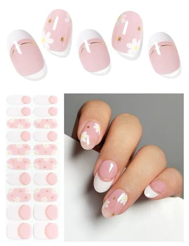 Semi Cured Gel Nail Strips (Pink Daisy)-20 PCS French Gel Nail Stickers | Gel Nail Wraps | UV Light Required, Salon Quality & Easy to Use
