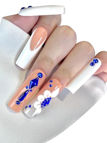 HAND-PAINTED White False Nails Set Coffin Press on Nails Pressons Kit Medium Length Stick on Nails Shoot Nail Art Short Nails with Nail Glue on Nails Square, Long Almond Nail (K2, Small)