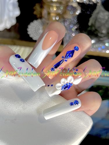 HAND-PAINTED White False Nails Set Coffin Press on Nails Pressons Kit Medium Length Stick on Nails Shoot Nail Art Short Nails with Nail Glue on Nails Square, Long Almond Nail (K2, Small) - Image 3
