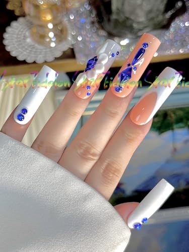 HAND-PAINTED White False Nails Set Coffin Press on Nails Pressons Kit Medium Length Stick on Nails Shoot Nail Art Short Nails with Nail Glue on Nails Square, Long Almond Nail (K2, Small) - Image 4