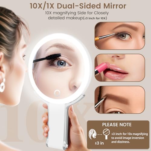 Travel Makeup Mirror with Lights, Lightened 10X/1X Double Sided Magnifying Mirror with 3 Colors, Brightness Adjustable Portable LED Mirror Valentines Day Gifts for Her Women Girls (White) - Image 3