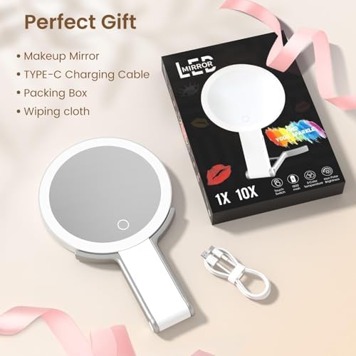 Travel Makeup Mirror with Lights, Lightened 10X/1X Double Sided Magnifying Mirror with 3 Colors, Brightness Adjustable Portable LED Mirror Valentines Day Gifts for Her Women Girls (White) - Image 7