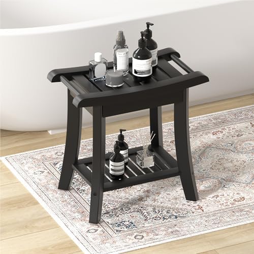 Bamboo Shower Bench Stool with Storage Shelf Small Shower Chair Seat for Inside Shower 19 x 10 x 18 Inches Black - Image 3