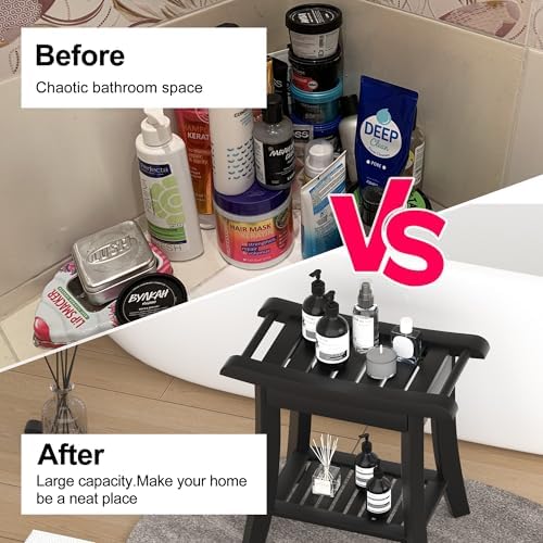 Bamboo Shower Bench Stool with Storage Shelf Small Shower Chair Seat for Inside Shower 19 x 10 x 18 Inches Black - Image 4