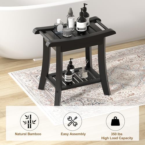 Bamboo Shower Bench Stool with Storage Shelf Small Shower Chair Seat for Inside Shower 19 x 10 x 18 Inches Black - Image 6