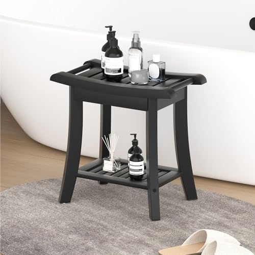 Bamboo Shower Bench Stool with Storage Shelf Small Shower Chair Seat for Inside Shower 19 x 10 x 18 Inches Black - Image 7