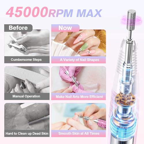 Beloving Portable Nail Drill Professional, 45000RPM Rechargeable Nail Drill Electric File Machine for Acrylic Gel Polish Remover, Cordless Nail Kit for Manicure Pedicure with 11 Bits for Salon Home - Image 2