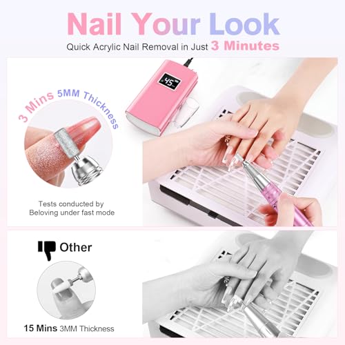Beloving Portable Nail Drill Professional, 45000RPM Rechargeable Nail Drill Electric File Machine for Acrylic Gel Polish Remover, Cordless Nail Kit for Manicure Pedicure with 11 Bits for Salon Home - Image 3