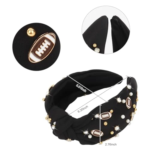 YARIEW Football Headbands for WomenPearl Rhinestone Jeweled Knotted Headband for Women Fashion Headband Wide Game Day Sports Hair Accessories Gift for Football Mom Fans Christmas (Black) - Image 2