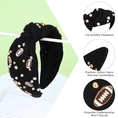 YARIEW Football Headbands for WomenPearl Rhinestone Jeweled Knotted Headband for Women Fashion Headband Wide Game Day Sports Hair Accessories Gift for Football Mom Fans Christmas (Black) - Image 3