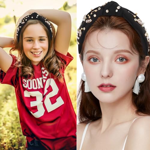 YARIEW Football Headbands for WomenPearl Rhinestone Jeweled Knotted Headband for Women Fashion Headband Wide Game Day Sports Hair Accessories Gift for Football Mom Fans Christmas (Black) - Image 4