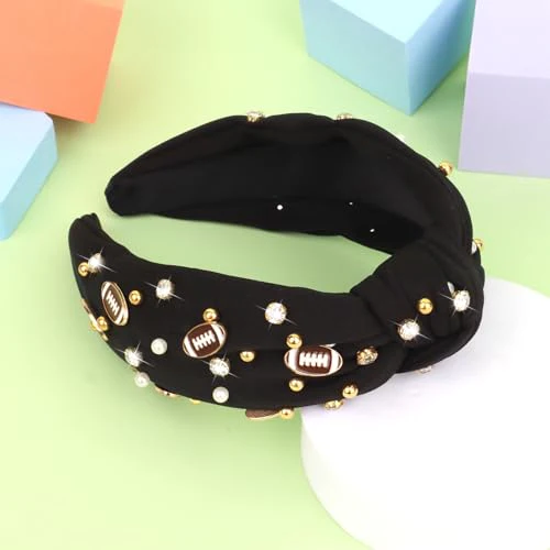 YARIEW Football Headbands for WomenPearl Rhinestone Jeweled Knotted Headband for Women Fashion Headband Wide Game Day Sports Hair Accessories Gift for Football Mom Fans Christmas (Black) - Image 7