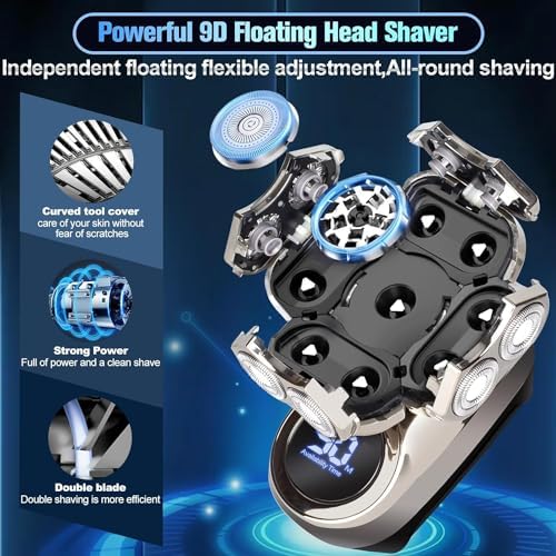 9D Head Shavers for Bald Men, Upgraded 6-in-1 Mens Grooming Kit, Detachable Bald Head Shavers for Men, Wet/Dry LED Display, Travel Lock Electric Razor for Men with Type-C Charge - Image 3