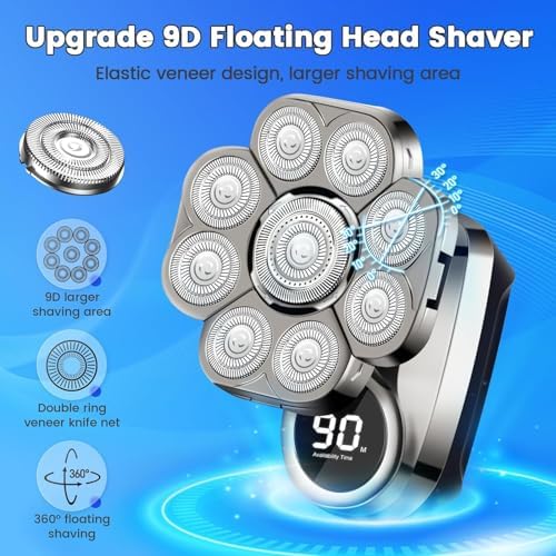 9D Head Shavers for Bald Men, Upgraded 6-in-1 Mens Grooming Kit, Detachable Bald Head Shavers for Men, Wet/Dry LED Display, Travel Lock Electric Razor for Men with Type-C Charge - Image 7