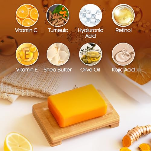 Lemon Turmeric Kojic Acid Soap, Natural soap, Handmade, Sugar/Caffeine/Gluten Free, 100% Natural & Pure from Lemon and Turmeric, Deep Cleansing for All Skin Types Body Care Body Wash 3 Bars