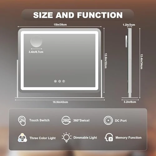Hasipu Vanity Mirror with Lights, 15" x 13" LED Makeup Mirror, Light up Mirror with 10X Magnification, Smart Touch 3 Colors Dimmable, 360° Rotation (White) - Image 4