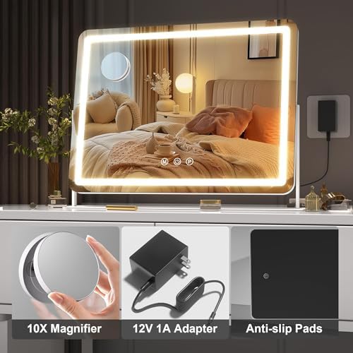 Hasipu Vanity Mirror with Lights, 15" x 13" LED Makeup Mirror, Light up Mirror with 10X Magnification, Smart Touch 3 Colors Dimmable, 360° Rotation (White) - Image 5