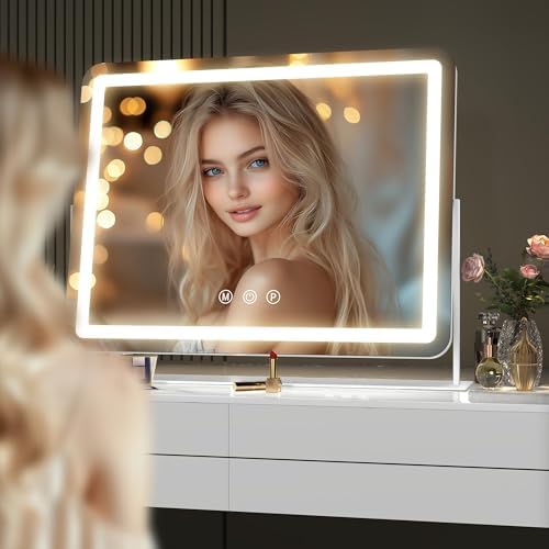 Hasipu Vanity Mirror with Lights, 15" x 13" LED Makeup Mirror, Light up Mirror with 10X Magnification, Smart Touch 3 Colors Dimmable, 360° Rotation (White) - Image 8
