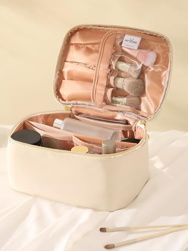 KITENROM Extral Large Makeup Bag Portable Cosmetic Bags for Women Zipper Pouch for Purse Make Up Case with Detachable Divider Toiletry Organization Waterproof Beige - Image 2