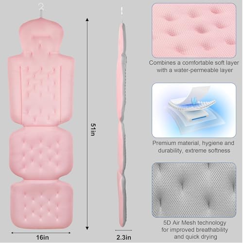 Full Body Bath Pillow, Luxury Bath Cushion with 192 Suction Cups, Bath Pillows for Tub for Head and Neck Support, with Laundry Bag Pink, 51" x 16" - Image 6