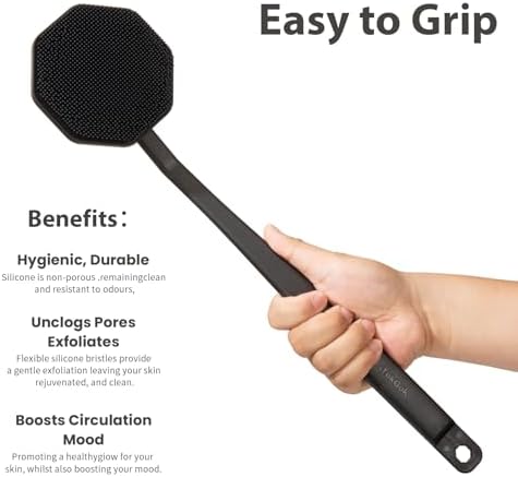iTokGoK® Premium Silver-Infused Silicone Back Scrubber with Long Handle Back Brush for Shower,Back Brush Long Handle for Men and Women,Ergonomic No-Slip Handle, Long-Lasting (Black) - Image 4