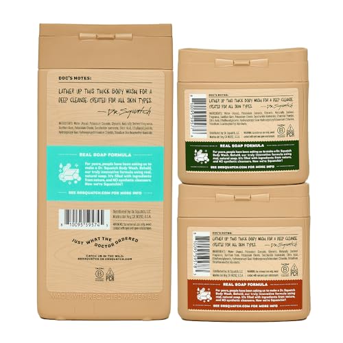Dr. Squatch NEW Natural Body Wash for Men - Non-Exfoliating - Coconut Castaway (14 oz) + Wood Barrel Bourbon + Pine Tar (8 oz, 2 Pack) + Body Scrubber - Image 3