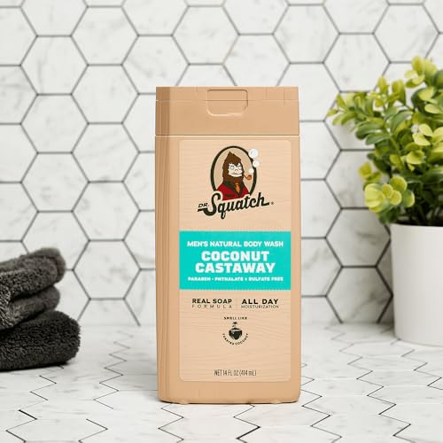 Dr. Squatch NEW Natural Body Wash for Men - Non-Exfoliating - Coconut Castaway (14 oz) + Wood Barrel Bourbon + Pine Tar (8 oz, 2 Pack) + Body Scrubber - Image 7
