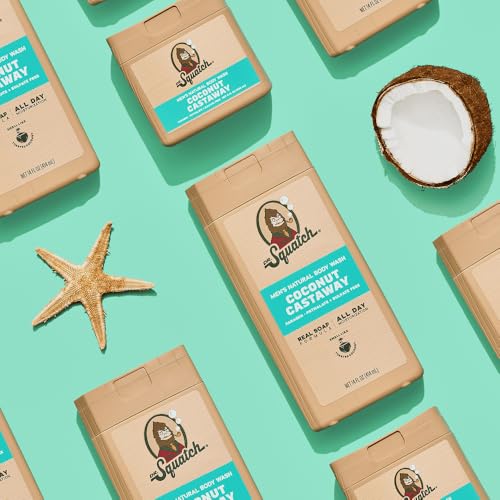 Dr. Squatch NEW Natural Body Wash for Men - Non-Exfoliating - Coconut Castaway (14 oz) + Wood Barrel Bourbon + Pine Tar (8 oz, 2 Pack) + Body Scrubber - Image 8